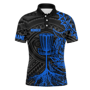 Maxcorners Blue tribal Mens disc golf polo shirt custom black disc golf basket jerseys team mens disc golf shirt MT0510