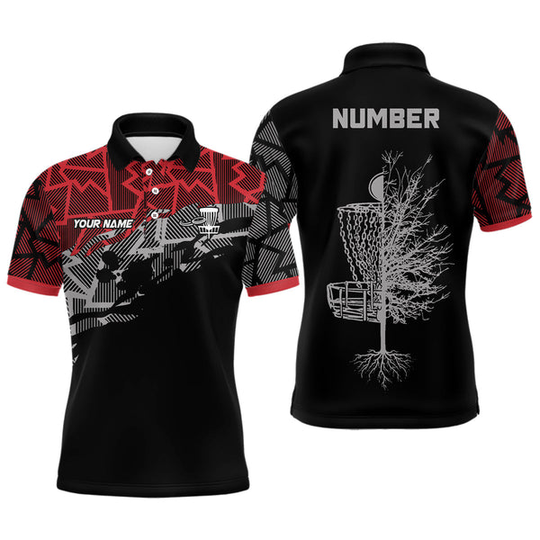 Maxcorners Red camo abstract pattern black Mens disc golf polo shirts custom disc golf clothing MT0510