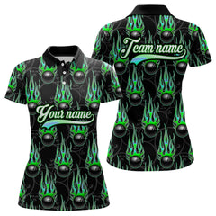 Maxcorners Black Bowling Ball Camo Green Flame Bowling Polo, 1/4 Zip Shirt For Men Custom Bowling Team Jersey