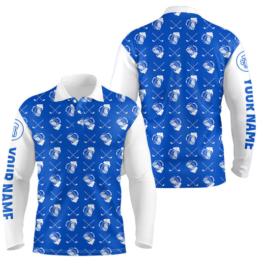 Maxcorners Blue and white golf pattern Mens Golf polo shirts custom name golf beer outfit men golf clothes