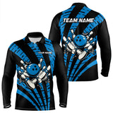 Maxcorners Custom Black and Blue camo Bowling Polo, Quarter Zip Shirt For Mens Custom Team bowling jerseys MT0609