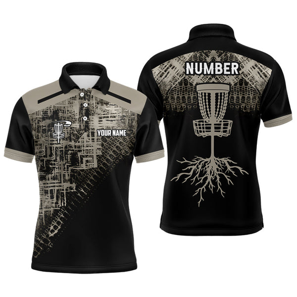 Maxcorners Beige Black Disc golf basket camo custom name & number Men polo shirts, disco golf outfit for men MT0510
