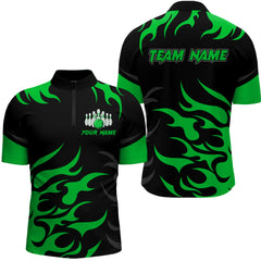 Maxcorners Black and Green Flame Bowling shirts for Men Custom team bowling jerseys, mens bowling apparel  LM1307