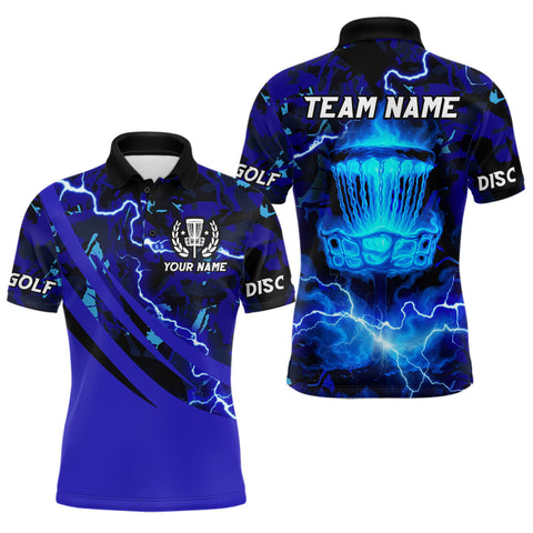 Maxcorners Blue Camo Lightning Thunder Mens Disc golf polo shirts, team disc golf jersey custom LM1411