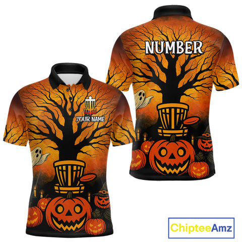 Maxcorners Black and Orange Funny pumpkin Halloween disc golf polo shirts for men Custom Team Disc Golf attire LM1809