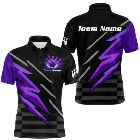 Maxcorners Black and Purple Lightning Bowling Polo, Quarter Zip Shirt for Men Custom Bowling Team League Jersey MT1810