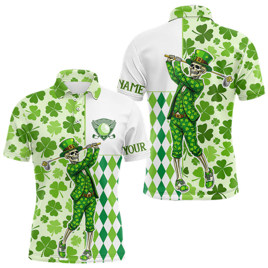 Maxcorners Green Shamrock argyle pattern St Patrick's day Skull Golf Polo Shirts For Men Custom golf outfit men