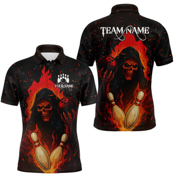 Maxcorners Black and Red Flame Skull Reaper Bowling Shirt For Men Custom Halloween Bowling Team Outfit Jerseys LM1903