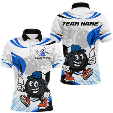 Maxcorners Blue and White Funny Bowling Shirts For Men Custom Team Bowling Polo, 1/4 Zip Jerseys