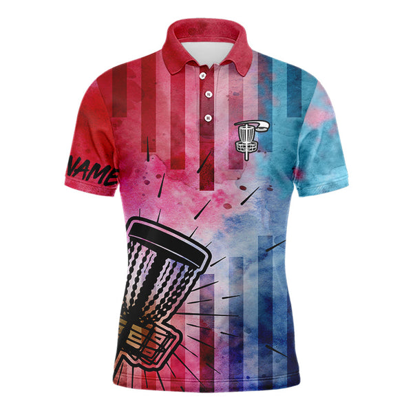 Maxcorners Mens disc golf polo shirts with red & blue tie dye disc golf basket custom mens disc golf apparel MT0510