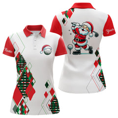 Maxcorners Christmas Argyle Pattern Santa Playing Golf Golf Polo Shirt Custom Xmas Golf Outfit