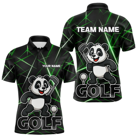 Maxcorners Black and Green Funny Panda Playing Golf Polo Shirt For Men Custom men's golf clothes funny golf gift LM2509
