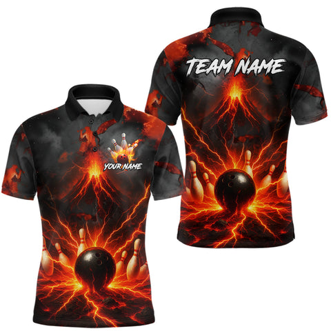 Maxcorners Red Lightning volcano Mens Bowling Polo, Quarter Zip shirts Custom bowling outfits gifts for men TU2310