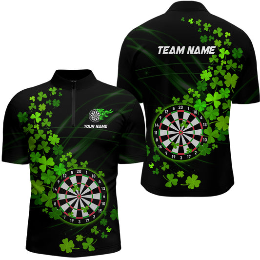 Maxcorners Green Shamrock Lucky Darts Polo, Quarter-Zip Shirts For Men Custom St Patrick Day Dart Team Jerseys