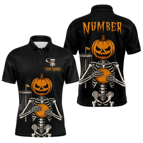Maxcorners Black and Orange Halloween disc golf skull custom Men disc golf polo shirts, disc golf gifts LM0210