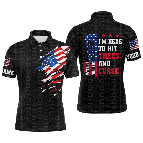Maxcorners American flag Mens disc golf polo shirt custom black disc golf pattern i'm here to hit trees and curse MT0510