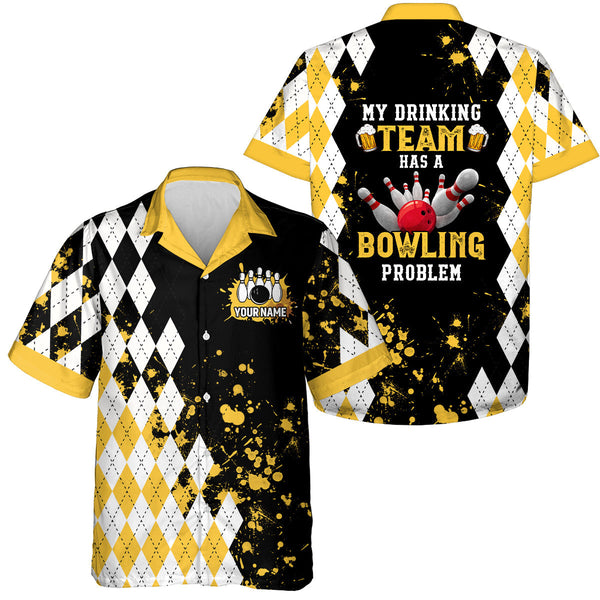 Maxcorners Personalized Yellow Beer Retro Bowling Polo Shirts Custom My Drinking Team Has A Bowling Problem For Men And Women
