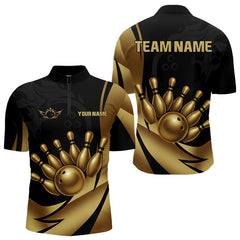 Maxcorners Black and Gold Mens Bowling Polo, Quarter Zip Shirts Custom Team Bowling League Jersey LM1506