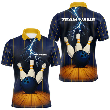 Maxcorners Custom Yellow and Blue Lightning Thunder Bowling Polo, 1/4 Zip Shirts For Men, Team Bowling Outfits LM1903