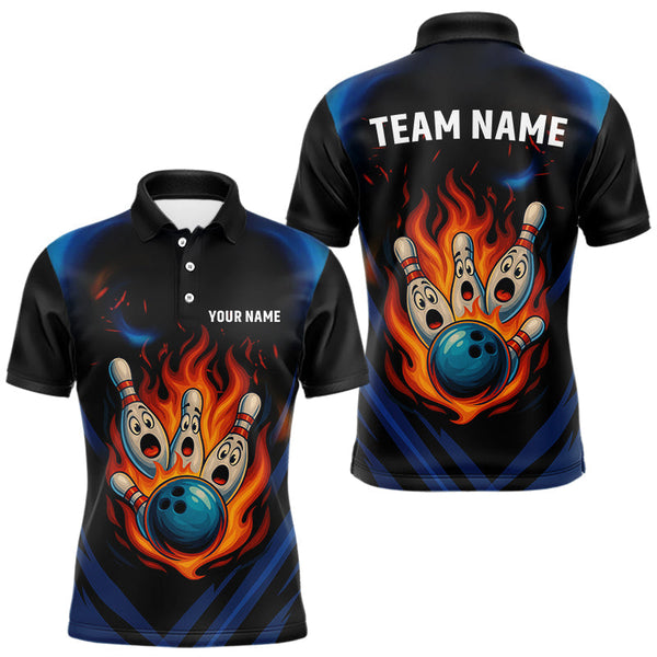 Maxcorners Blue and Black Flame Bowling shirts for Men custom funny bowling ball and pins team bowler jerseys LM1307