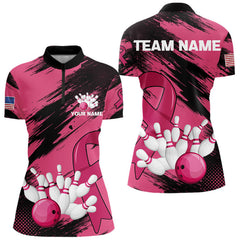 Maxcorners Black and Pink ribbon Bowling shirts for Men Custom breast cancer American flag bowling team jersey MT2306