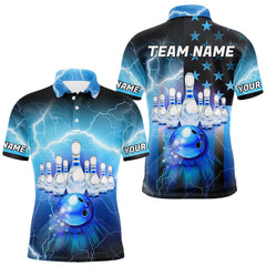 Maxcorners Blue lightning thunder American flag Bowling shirts for Men Custom patriotic bowling team jersey LM1008