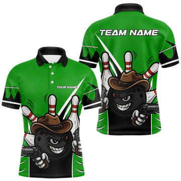 Maxcorners Funny Cowboy gun bowling ball and pins Bowling shirt for Men Custom bowling team jersey | Green LM1903