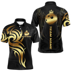Maxcorners Black and Gold crown Bowling ball Polo, Quarter Zip Shirts for Men Custom Bowling Team jerseys TU1908