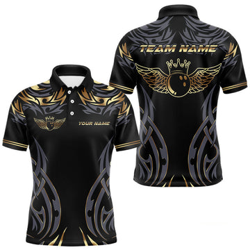 Maxcorners Personalized Black And Gold tribal pattern Bowling Shirts For Men, angel wings Bowling Team jerseys LM2007