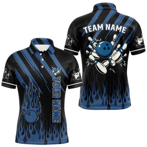 Maxcorners Black and Blue Flame Retro Bowling Polo, Quarter Zip Shirt for Men Custom Vintage Team Bowling Jersey MT2108