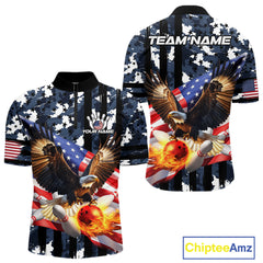 Maxcorners Blue Camo American Flag Eagle Flame Bowling Shirts For Men Custom Patriotic Bowling Team Shirts LM2608