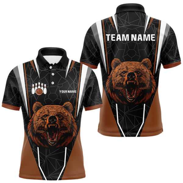 Maxcorners Personalized Bear Bowling Polo, Quarter Zip Shirts For Men, Bear Bowling Team Brown League Jersey LM2707