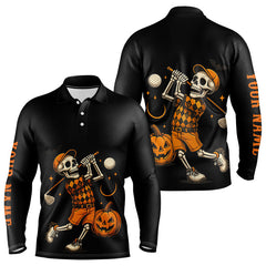 Maxcorners Black and Orange Skull Golf polo shirt for men Custom Halloween Mens golf outfi LM2707