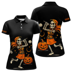 Maxcorners Black and Orange Skull Golf polo shirt for men Custom Halloween Mens golf outfi LM2707