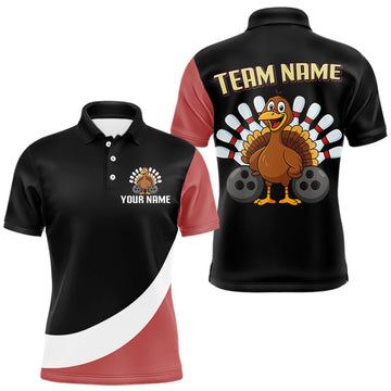 Maxcorners Retro Black and Red Turkey Bowling Polo, Quarter Zip Shirt For Men, Thanksgiving Bowling Team Jersey  LM0803