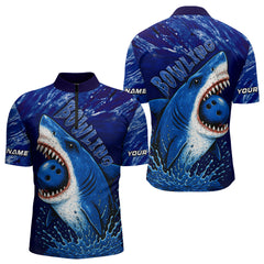 Maxcorners Custom Blue Shark Bowling Polo, Quarter Zip Shirts For Men, Shark Bowling League Shirts LM1008