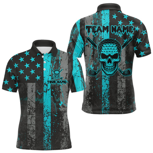 Maxcorners Custom Turquoise Grunge American Flag Patriotic Skull Golf Shirt For Men, Retro Mens Golf top LM1708