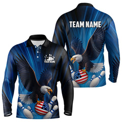 Maxcorners Blue Light Eagle American Flag Men's Bowling Polo, 1/4 Zip Shirt Custom Patriotic Team Bowling jersey LM2707