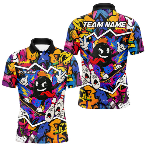 Maxcorners Colorful graffiti pattern Funny Bowling polo, quarter zip shirts for men custom Bowling team jerseys TU0508