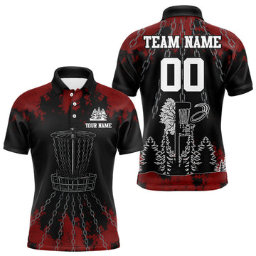 Maxcorners Black and Red Disc golf basket chain Men disc golf polo shirt custom number disc golf outfit for team LM1708