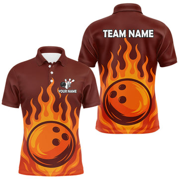 Maxcorners Orange Flame Bowling Polo, Quarter Zip Shirts for Men Custom Bowling Team League Jersey LM1903