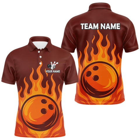 Maxcorners Orange Flame Bowling Polo, Quarter Zip Shirts for Men Custom Bowling Team League Jersey TU1208