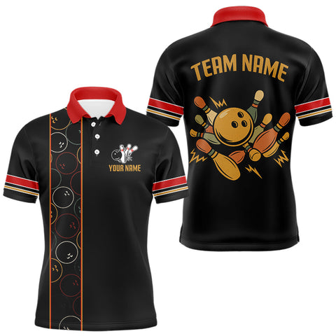 Maxcorners Custom Retro Black Mens Bowling Polo, Quarter Zip shirts, Personalized vintage bowling team jerseys LM2608