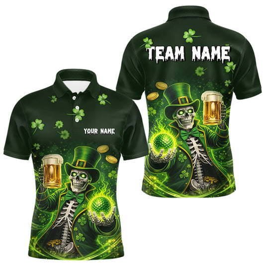 Maxcorners Funny Skull drink beer St Patrick's day Green shamrock Mens Golf Polo Shirts Custom mens golf apparel