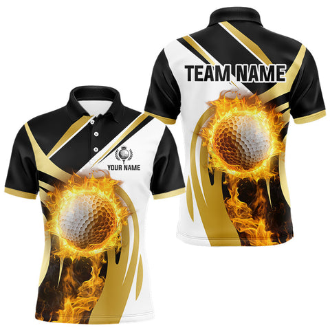 Maxcorners Black and White Gold Flame Golf Polo Shirts For Men custom team men golf attire, gift for golf lovers MT1810