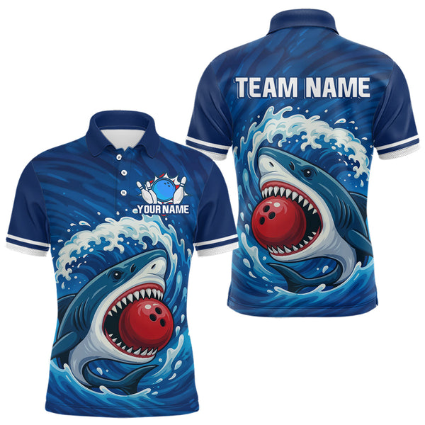 Maxcorners Custom Blue Shark Bowling Polo, Quarter Zip Shirts For Men, Shark Bowling Team League Shirt LM1809