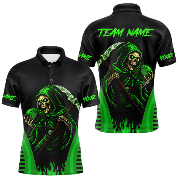Maxcorners Black and Green Flame Skull Reaper Bowling Polo, Quarter Zip shirt for Men Custom team bowling jersey LM1809