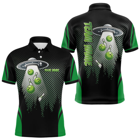 Maxcorners Black and Green ufo alien Bowling Mens Bowling Polo, quarter zip Shirts Custom Bowling Team Jersey MT2009