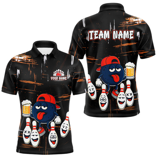 Maxcorners Custom Black And Orange Funny Beer Bowling Men Polo, Quarter Zip Shirts, funny bowling shirts LM2603