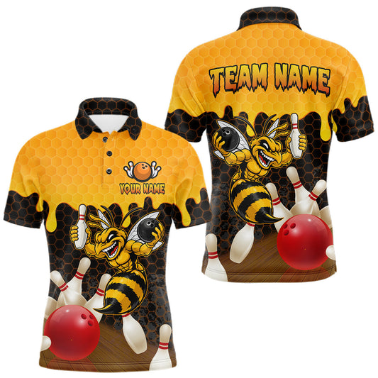 Maxcorners Custom Black and Yellow Honey Pattern Angry Bee Bowling Team Shirts For Men, Bowling League Shirts LM1904